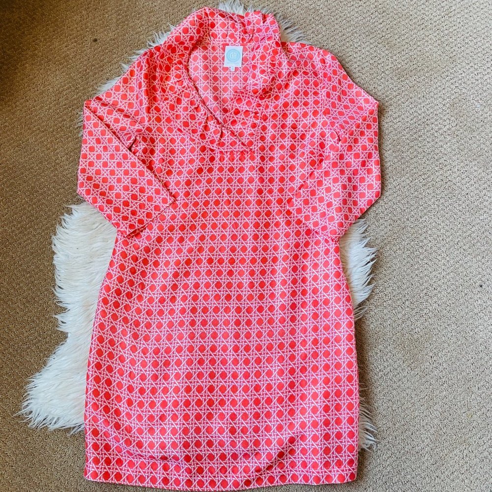 Devon Baer Ruffle dress Trellis Cane Print Coral Silk Shift Size Small
